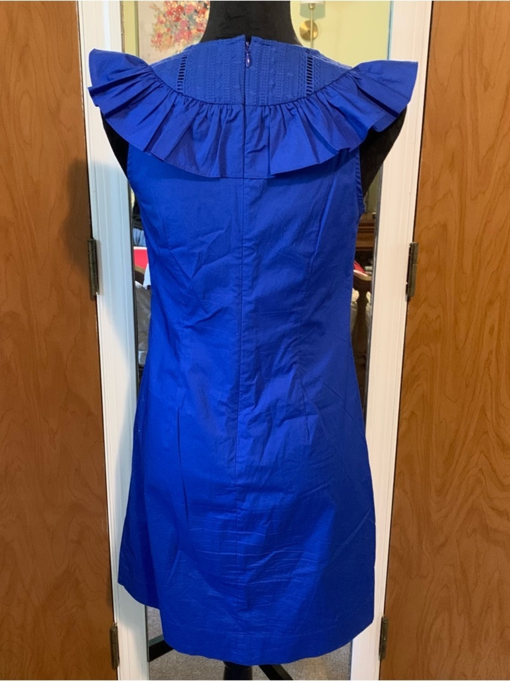 J.Crew Blue Ruffle Neck Shift Dress Size 2 Classic Preppy Career Chic - Picture 5 of 9